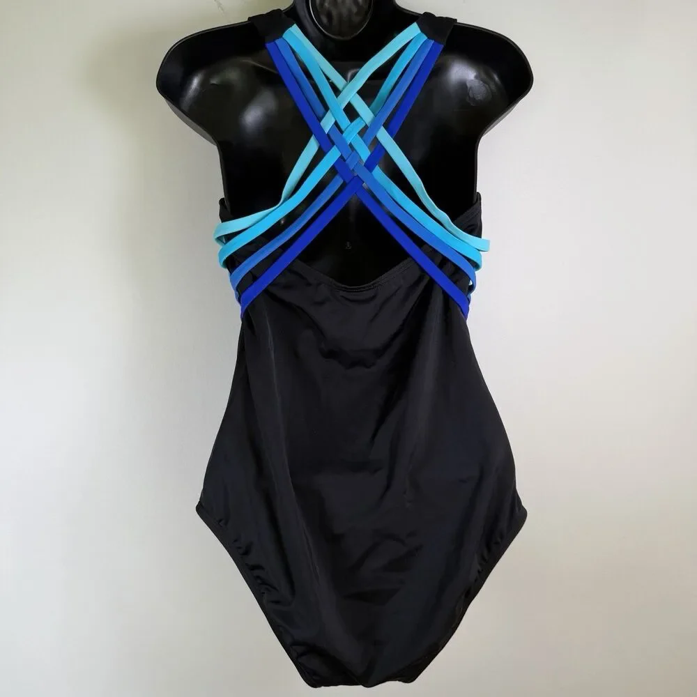 Swimsuits For All Black and Blue Straps Cross back Sz 10 One piece New